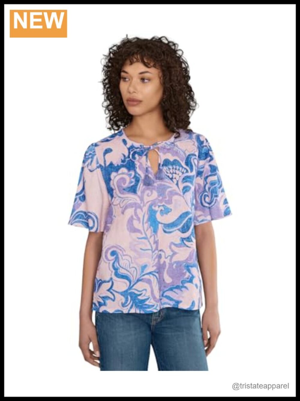 Ruffle Sleeve Blouse 100% Linen Floral Printed Classic Fit